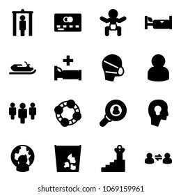 Solid Vector Icon Set - Metal Detector Gate Vector, Credit Card, Baby, Hotel, Snowmobile, Hospital Bed, Medical Mask, User, Group, Friends, Head Hunter, Bulb, Man Globe, Garbage, Success