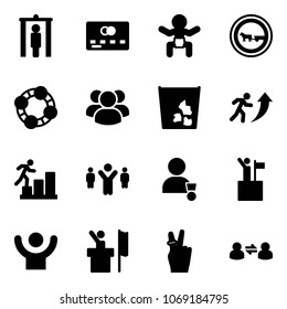 Solid vector icon set - metal detector gate vector, credit card, baby, no cart horse road sign, friends, group, garbage, career, team leader, winner, win, success, speaker, victory