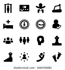 Solid vector icon set - metal detector gate vector, credit card, baby, treadmill, hospital bed, no pedestrian road sign, cart horse, user check, group, head bulb, winner, success, star man, flying