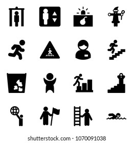 Solid vector icon set - metal detector gate vector, elevator, terrorism, santa claus, run, pedestrian road sign, manager, career, garbage, success, world, win, opportunity, swimming