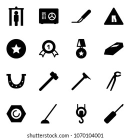 Solid vector icon set - metal detector gate vector, safe, scalpel, Road narrows sign, star medal, gold, luck, sledgehammer, mason hammer, plumber, nut, hoe, winch, awl