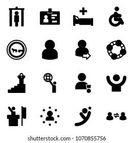 Solid Vector Icon Set - Metal Detector Gate Vector, Identity, Hospital Bed, Disabled, No Cart Horse Road Sign, User, Login, Friends, Success, World, Winner, Speaker, Star Man, Flying