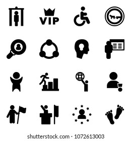 Solid vector icon set - metal detector gate vector, vip, disabled, no cart horse road sign, head hunter, community, bulb, presentation, success, career, world, winner, win, speaker, star man, feet