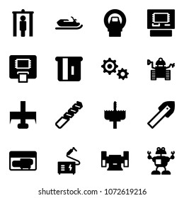 Solid vector icon set - metal detector gate vector, snowmobile, mri, atm, gear, robot, milling cutter, drill, crown, tile, generator, welding, sharpening