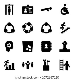 Solid vector icon set - metal detector gate vector, identity, push ups, disabled, social, friends, community, career, brain work, garbage, contact book, winner, team leader, win, opportunity