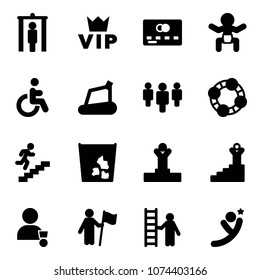 Solid vector icon set - metal detector gate vector, vip, credit card, baby, disabled, treadmill, group, friends, career, garbage, winner, success, win, opportunity, flying man