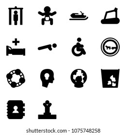 Solid Vector Icon Set - Metal Detector Gate Vector, Baby, Snowmobile, Treadmill, Hospital Bed, Push Ups, Disabled, No Cart Horse Road Sign, Friends, Head Bulb, Man Globe, Garbage, Contact Book