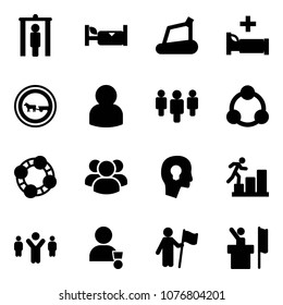 Solid Vector Icon Set - Metal Detector Gate Vector, Hotel, Treadmill, Hospital Bed, No Cart Horse Road Sign, User, Group, Social, Friends, Head Bulb, Career, Team Leader, Winner, Win, Speaker