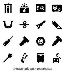 Solid vector icon set - metal detector gate vector, terrorism, safe, luck, steel rolling, saw, work knife, screwdriver, bolt, nut, screw, wood drill, winch, tool cabinet, welding