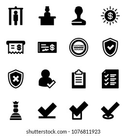 Solid vector icon set - metal detector gate vector, recieptionist, stamp, dollar sun, receipt, check, customs road sign, shield, cross, user, clipboard, list, chess queen