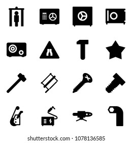 Solid vector icon set - metal detector gate vector, safe, Road narrows sign, work, star medal, sledgehammer, bucksaw, screw, bolt, winch, welding, pipe, allen key