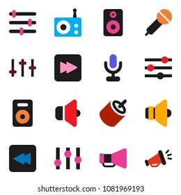 solid vector icon set - microphone vector, radio, speaker, loudspeaker, settings, forward button, backward, rca, equalizer