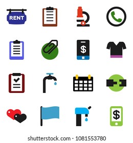 solid vector icon set - microscope vector, flag, calendar, clipboard, t shirt, heart, connection, attachment, water supply, rent signboard, phone, shopping list, tap pay