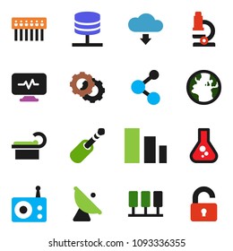 solid vector icon set - microscope vector, flask, molecule, earth, sorting, satellite antenna, radio, jack, diagnostic monitor, tomography, server, network, gear, hub, cloud download, unlock