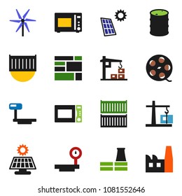solid vector icon set - microwave oven vector, sea container, consolidated cargo, oil barrel, big scales, film spool, solar panel, windmill, construction crane, factory