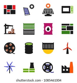 solid vector icon set - microwave oven vector, sea container, consolidated cargo, oil barrel, film spool, solar panel, windmill, construction crane, factory
