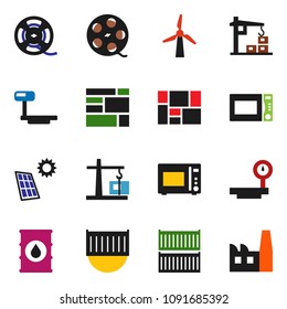 solid vector icon set - microwave oven vector, sea container, consolidated cargo, oil barrel, big scales, film spool, solar panel, windmill, construction crane, factory