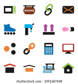 solid vector icon set - microwave oven vector, calculator, roller Skates, dry cargo, top sign, film frame, monitor, link, mail, share, connection, water supply, rooms signboard, home