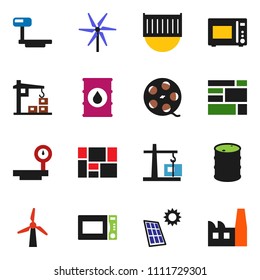 solid vector icon set - microwave oven vector, sea container, consolidated cargo, oil barrel, big scales, film spool, solar panel, windmill, construction crane, factory