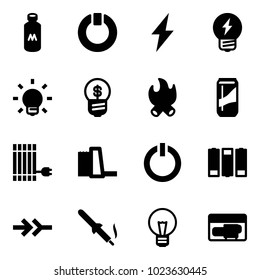 Solid vector icon set - milk vector, standby, lightning, idea, bulb, business, fire, drink, sun panel, water power plant, button, battery, connect, soldering iron, generator