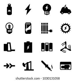 Solid vector icon set - milk vector, lightning, idea, electric car, business, drink, sun panel, power, water plant, battery, wind mill, connect, oil derrick, soldering iron, generator