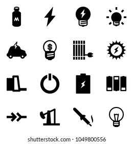 Solid vector icon set - milk vector, lightning, idea, bulb, electric car, business, sun panel, power, water plant, standby button, battery, connect, oil derrick, soldering iron