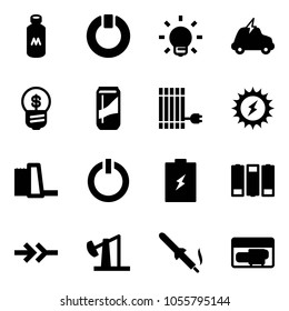 Solid vector icon set - milk vector, standby, bulb, electric car, business idea, drink, sun panel, power, water plant, button, battery, connect, oil derrick, soldering iron, generator