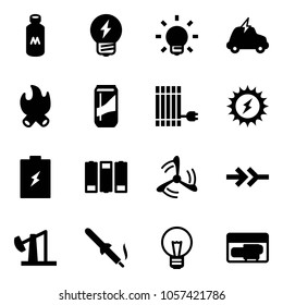 Solid vector icon set - milk vector, idea, bulb, electric car, fire, drink, sun panel, power, battery, wind mill, connect, oil derrick, soldering iron, generator