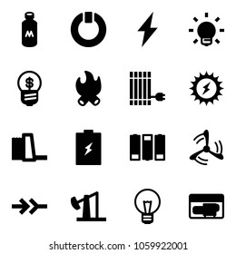 Solid vector icon set - milk vector, standby, lightning, bulb, business idea, fire, sun panel, power, water plant, battery, wind mill, connect, oil derrick, generator