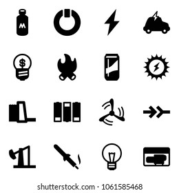 Solid vector icon set - milk vector, standby, lightning, electric car, business idea, fire, drink, sun power, water plant, battery, wind mill, connect, oil derrick, soldering iron, bulb, generator