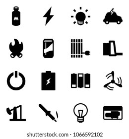 Solid vector icon set - milk vector, lightning, bulb, electric car, fire, drink, sun panel, water power plant, standby button, battery, wind mill, oil derrick, soldering iron, generator