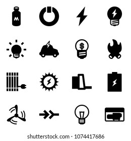 Solid vector icon set - milk vector, standby, lightning, idea, bulb, electric car, business, fire, sun panel, power, water plant, battery, wind mill, connect, generator