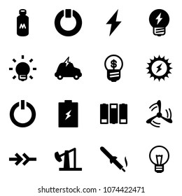 Solid vector icon set - milk vector, standby, lightning, idea, bulb, electric car, business, sun power, button, battery, wind mill, connect, oil derrick, soldering iron