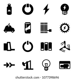 Solid vector icon set - milk vector, standby, lightning, idea, electric car, drink, sun panel, power, water plant, button, battery, wind mill, connect, oil derrick, bulb, generator