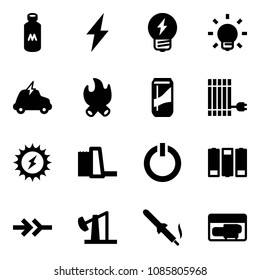 Solid vector icon set - milk vector, lightning, idea, bulb, electric car, fire, drink, sun panel, power, water plant, standby button, battery, connect, oil derrick, soldering iron, generator