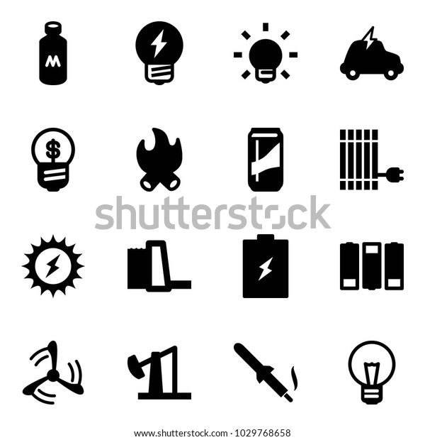 Solid vector icon set - milk\
vector, idea, bulb, electric car, business, fire, drink, sun panel,\
power, water plant, battery, wind mill, oil derrick, soldering\
iron