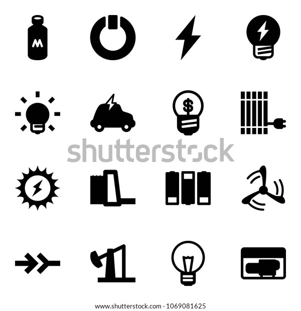 Solid vector\
icon set - milk vector, standby, lightning, idea, bulb, electric\
car, business, sun panel, power, water plant, battery, wind mill,\
connect, oil derrick,\
generator