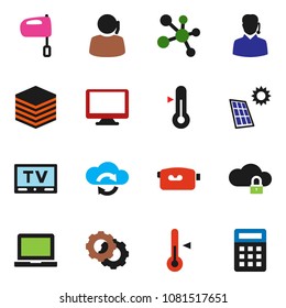 solid vector icon set - mixer vector, thermometer, notebook pc, molecule, support, tv, video camera, monitor, cloud exchange, lock, big data, gear, solar panel, calculator