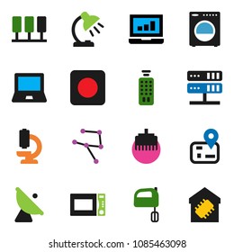 solid vector icon set - mixer vector, microwave oven, table lamp, notebook pc, laptop graph, navigator, satellite antenna, remote control, rec button, microscope, network, server, lan connector