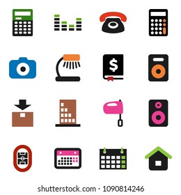 solid vector icon set - mixer vector, table lamp, calculator, annual report, calendar, stadium, package, camera, equalizer, speaker, building, phone, home