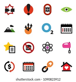 solid vector icon set - mixer vector, atom, exchange, calendar, no fastfood, oxygen, stadium, attention, link, eye, disconnection, favorites, route arrow, mountain, love home