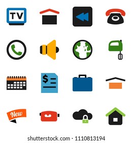 solid vector icon set - mixer vector, world, case, annual report, calendar, speaker, tv, video camera, backward button, cloud lock, phone, new, home