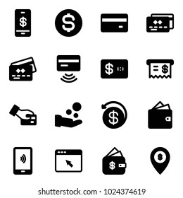 Solid vector icon set - mobile payment vector, dollar coin, credit card, tap pay, receipt, cash, money back, wallet, cursor browser, finance management, atm map pin