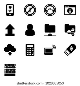 Solid vector icon set - mobile heart monitor vector, no parkin odd, limited distance road sign, browser globe, uplooad, user, network folder, shared, download cloud, calculator, notebook wi fi, usb
