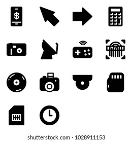 Solid vector icon set - mobile payment vector, cursor, right arrow, calculator, photo, satellite antenna, joystick wireless, fingerprint scanner, cd, camera, surveillance, micro flash card, sim