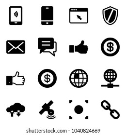 Solid vector icon set - mobile payment vector, phone, cursor browser, shield, mail, chat, like, dollar, finger up, globe, cloud exchange data, satellite, record button, link