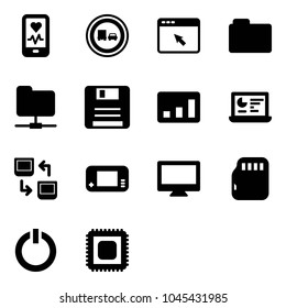 Solid vector icon set - mobile heart monitor vector, no truck overtake road sign, cursor browser, folder, network, save, statistics, data exchange, game console, micro flash card, standby button