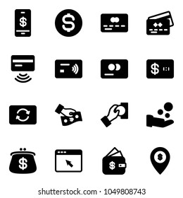 Solid vector icon set - mobile payment vector, dollar coin, credit card, tap pay, exchange, cash, purse, cursor browser, finance management, atm map pin