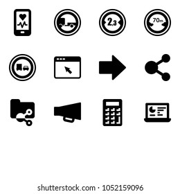 Solid vector icon set - mobile heart monitor vector, no trailer road sign, limited width, distance, truck overtake, cursor browser, right arrow, share, shared folder, loudspeaker, calculator