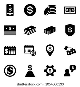 Solid vector icon set - mobile payment vector, dollar coin, safe, finance calendar, pin, cash pay, money managemet, dialog